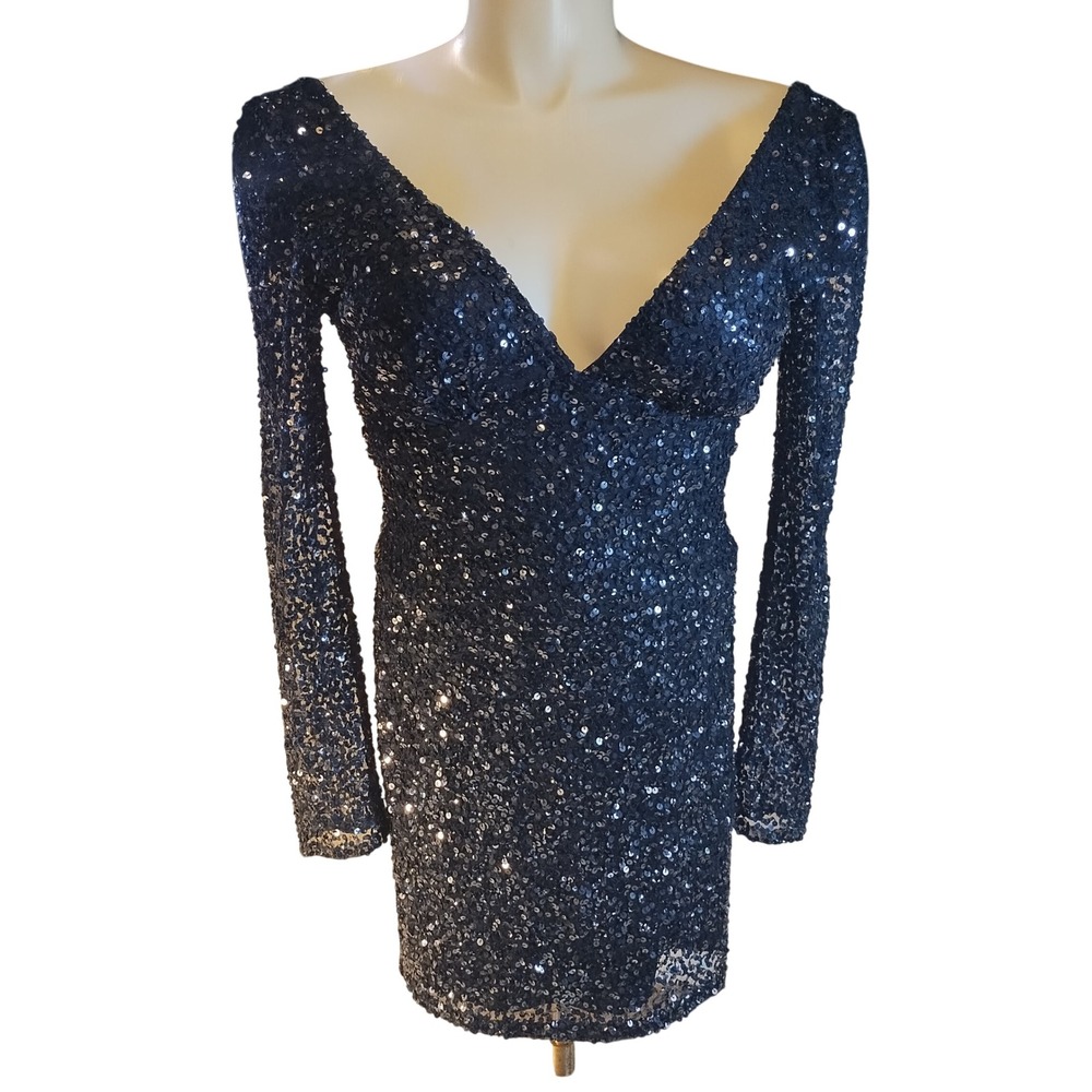 Scala Navy Blue Sequin Long Sleeve Mini Dress V-Neck Low Back Size 10 Cocktail